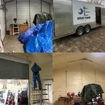 Spray foam insulation trailer and completed work at a job site